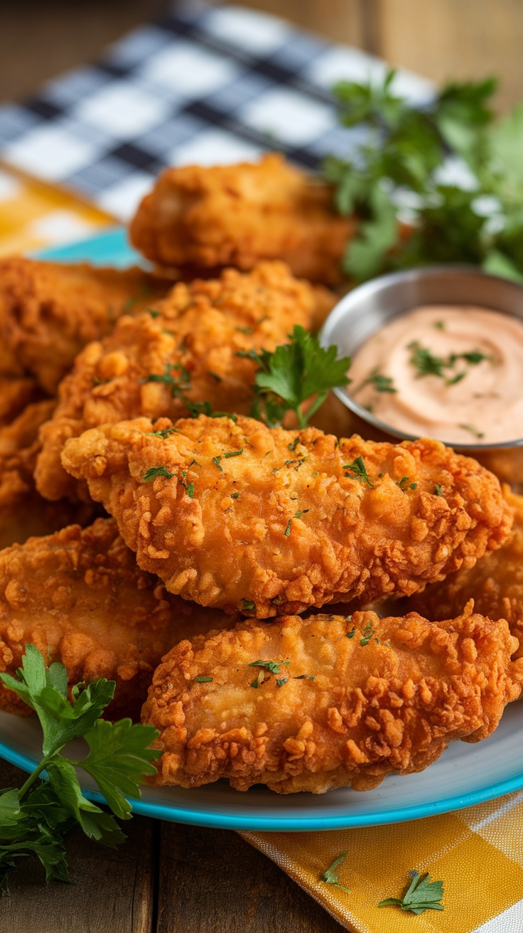 The Ultimate Extra-Crispy Fried Chicken Tenders Recipe Crispy fried chicken tenders served with dipping sauce on a rustic wooden table.